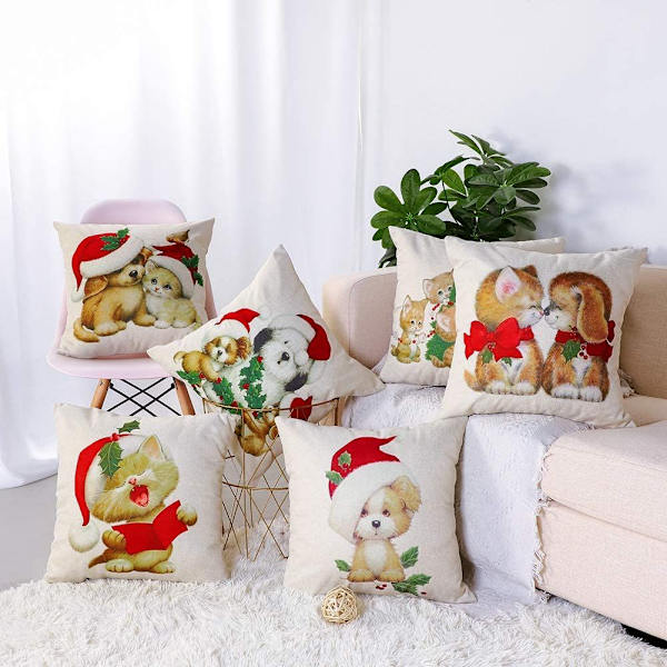 Set med 6 bomullslinnekuddfodral, för hem, sovrum, soffa, bil, jul kollektion katt hund örngott söt kuddfodral linne digitaltryck 45x45