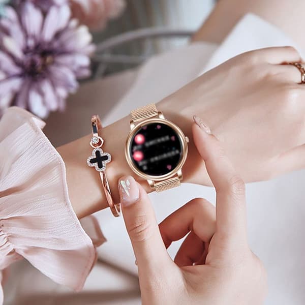 Smartwatch til kvinder med telefonfunktion 1,32 tommer HD fuld touchscreen, guld