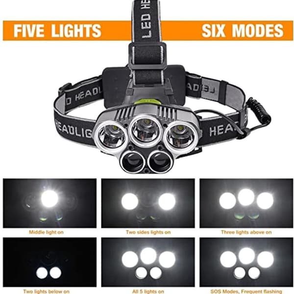 5 LED-frontlykter med seks moduser, USB-oppladbare vanntette frontlykter KLB