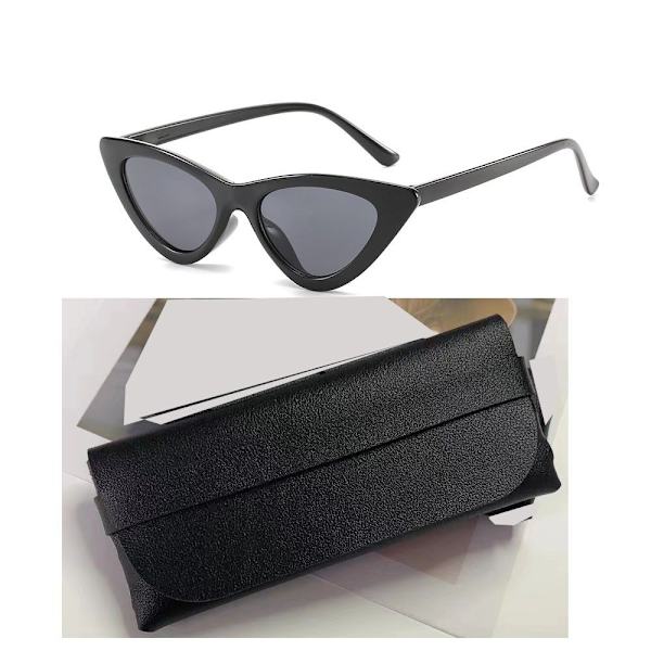 To sorte briller + sort brillepose Polariseret Cat Eye solbriller til kvinder, UV-beskyttelse Retro smalle spidse Cateye solbriller til kvinder