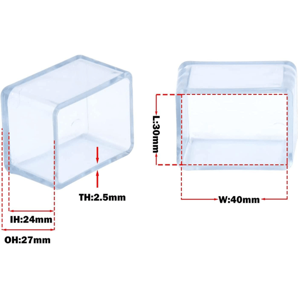 Förpackning med 12 rektangulära anti-scratch PVC stolbensskydd för möbelben-30 x 40 mm(3,0 x 4,0 cm)- Transparent -