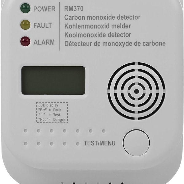 Karbonmonoksiddetektor med display og temperaturdisplay, testknapp, RM370, 2