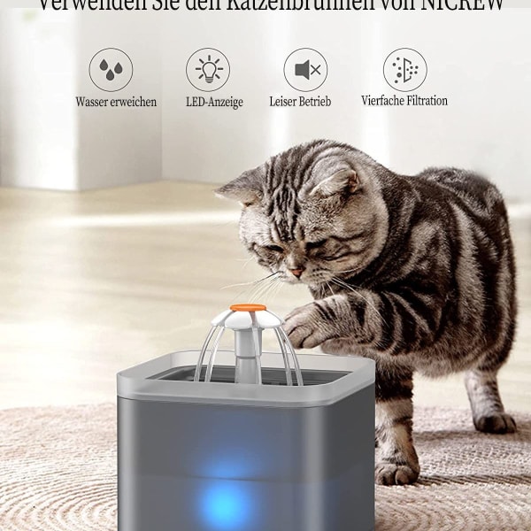 Kattvattendispenser, super tyst kattvattendispenser 2L, med LED-ljus, KLB