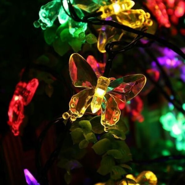 5 meter solcells LED-ljuskedja 20 färgglada fjärilar dekorationsbelysning för jul, fester, festivaler, 2 ljuslägen (RGB)[energiklass A++]