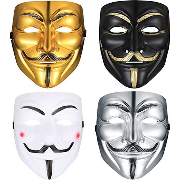 4 kappaletta V for Vendetta Guy Mask, Halloween-asu Cosplay-juhlamaski, Anonyymi-maski, Karnevaali-maskit Unisex Lapset Aikuiset - 4 väriä