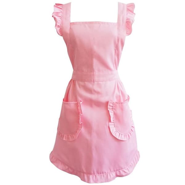 Justerbart retro-volangförkläde med fickor storlek S till plus size rosa