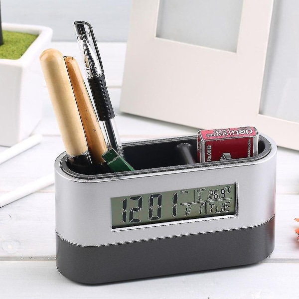 Digital snooze-alarmklokke for hjem og kontor: med penneholder, kalender