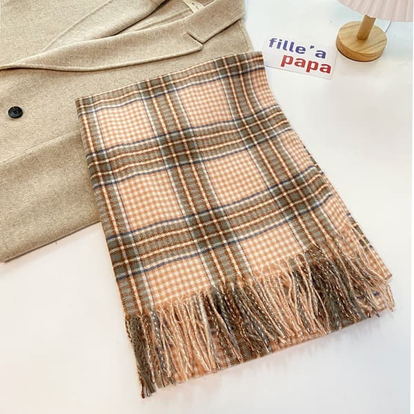 Vinterhalsduk för kvinnor Sjal Cashmere Feel Tassel Plaid Stor Oversized Orange KLB
