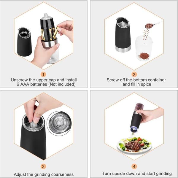 Elektrisk salt- och pepparkvarn Gravitetsdriven elektrisk salt- och pepparkvarn KLB