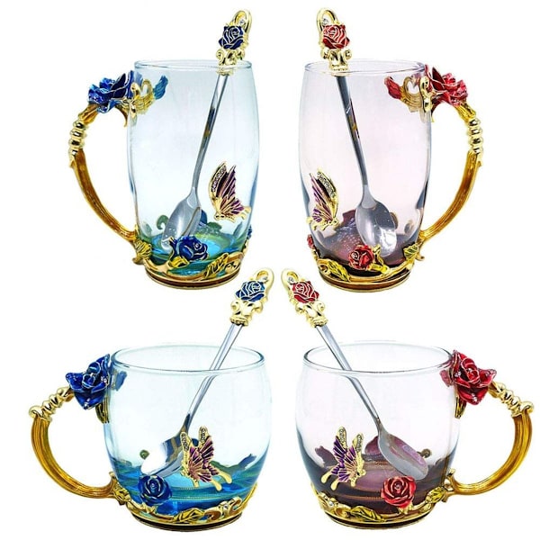 Glass Te-kopp, Krystallklar Blomster Te Kaffe Kopp, Håndlaget Emallje KLB
