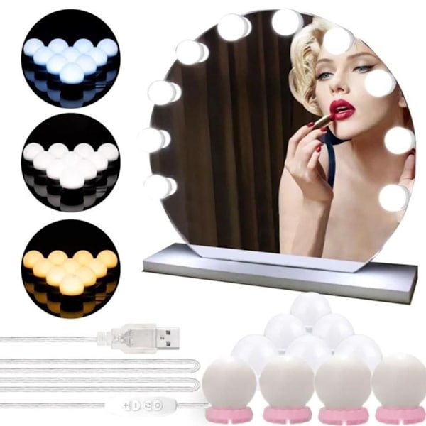 LED-speilbelysning, Hollywood-stil 10 dimbare sminkebelysning 7000K sminkebelysning, KLB