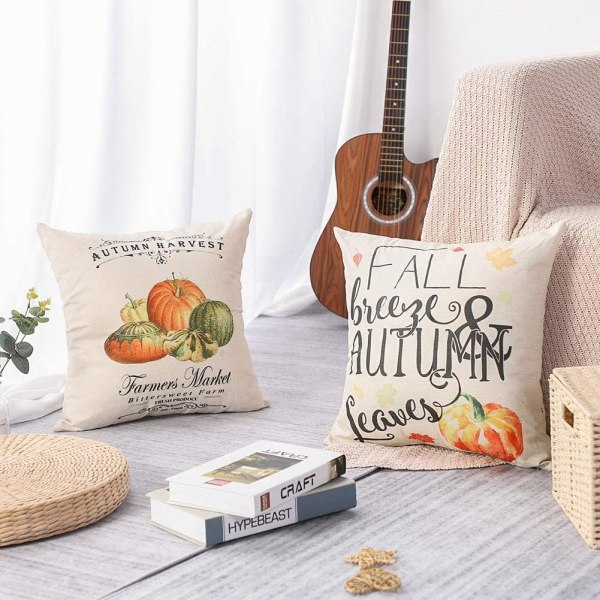 Thanksgiving Day putetrekk, sett med 4 høst bomull og lin dekorative putevar sofa bil hjem dekor putetrekk 45x45 cm (gresskar-B)