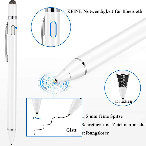 Aktiivinen kynä kaikille kosketusnäytöille, 1,5 mm:n tablettikynä hienolla