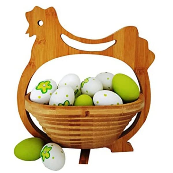 Fällbar korg i bambu, fruktkorg, dekorativ fruktskål, hopfällbar träkorg (kycklingdesign)