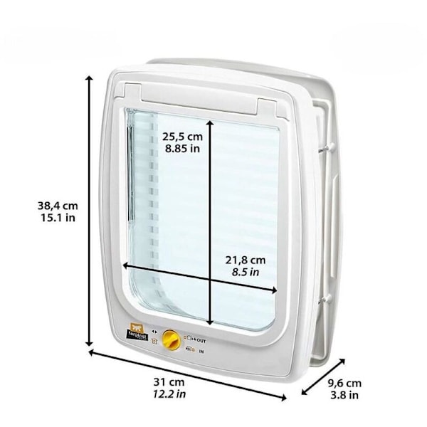 Dør til mellemstore hunde 11 kattelem, universel installation, 4-positions kontrollerbar ind- og udgang, trækbeskyttelse, fuld tunnel, hvid KLB