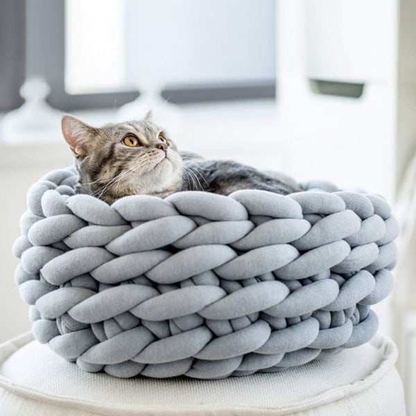 Cat Bed Basket Nest Hand Strikket Pet Sovepose Tykk Ull Rund Donut KLB