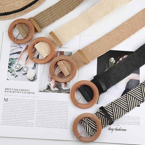 Pakke med 2 stråvevde belter med elastisk midje for kvinner, elastisk hvit + khaki