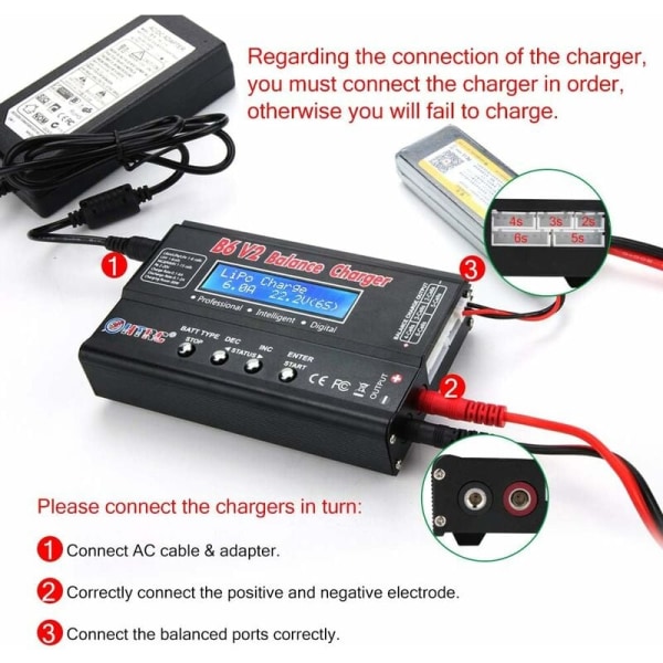 HTRC B6V2 Lithium-ion-oplader Sort 80W 6A, 1S-6S digital oplader, Til Lipo/Li-ion/LiFe/NiCd/NiMH/LiHV/PB Smart Rc Bilbatteri KLB