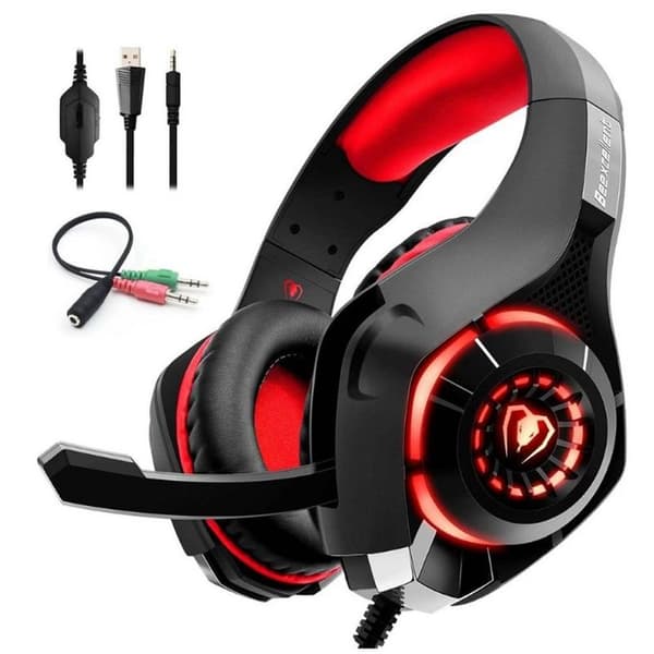 Headset med mikrofon til PS4 Xbox One, Surround Sound Sort Rød