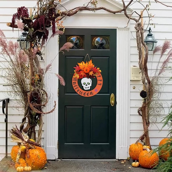 Halloween Dørdekor Høstekrans,Utendørsvegg Ytterdørskranser Halloween-dekorasjoner,høstløv og bær Innflyttingsgaver