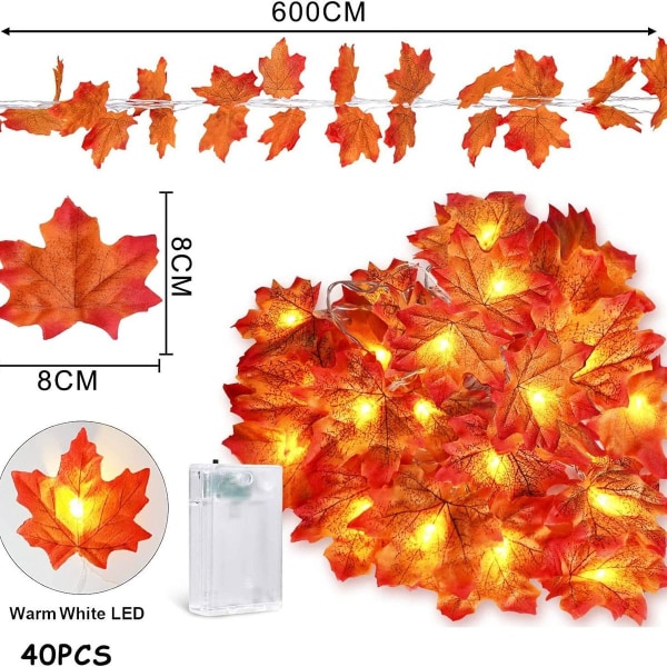 Vaahteranlehden muotoiset keijukaisvalot, 6 m, 40 LEDiä, vaahteranlehden muotoiset keijukaisvalot, vaahteranlehden valot KLB