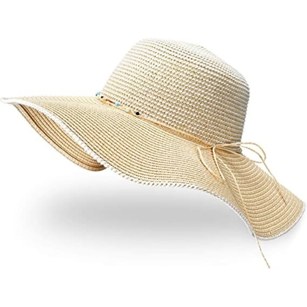 Dame stråhatt, sommersolhatt sammenleggbar anti-UV strandhatt med bred kant og justerbar hakestropp for reise