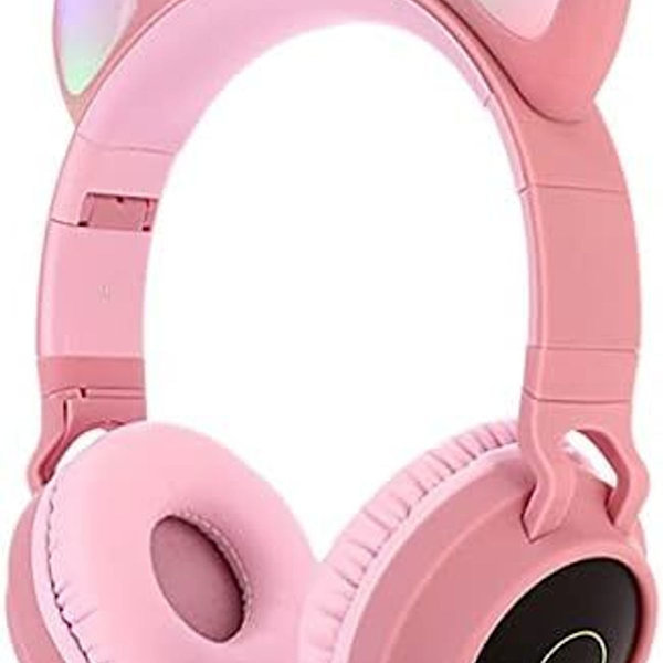 Blåtann-hodetelefoner med katteører, LED-lys, trådløse, sammenleggbare, rosa