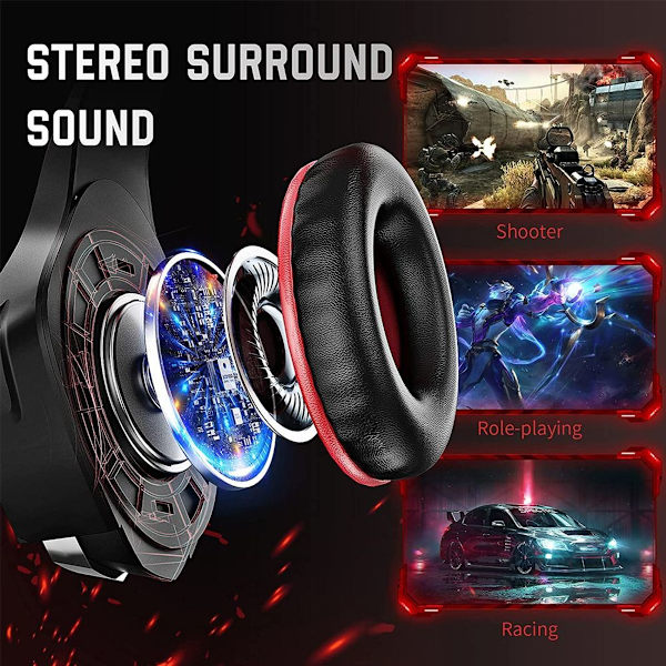 Headset med mikrofon för PS4 Xbox One, Surroundljud Svart Röd