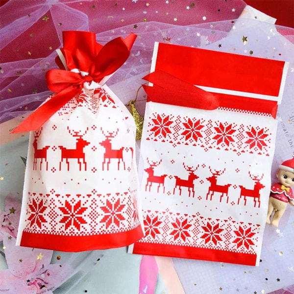 Julegaveposer med snøring, 50 stk julesnøre KLB