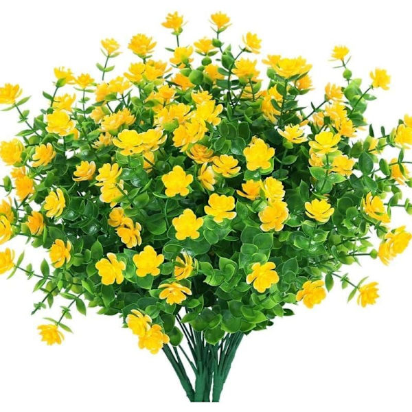 Falska konstgjorda blommor, 4-pack konstgjorda eukalyptusväxter, UV-beständiga gröna blommande växter för utomhusbruk, hängande inomhus (gul) KLB