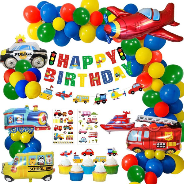 Lasten syntymäpäiväkoristeet, Happy Birthday Banner Balloon Garland Vehicles syntymäpäiväjuhlakoristeet pojalle -