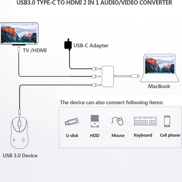 USB-C-HDMI-sovitin (tuki 4K/30Hz) - Type-C 3 in 1 -muunninkaapeli KLB