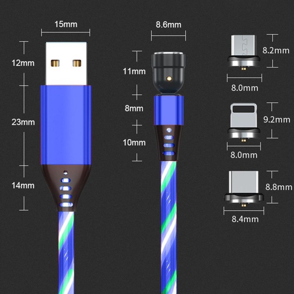 Magnetisk LED-ladekabel 1M/2M 360° og 180° rotasjon 3A Multicolor KLB