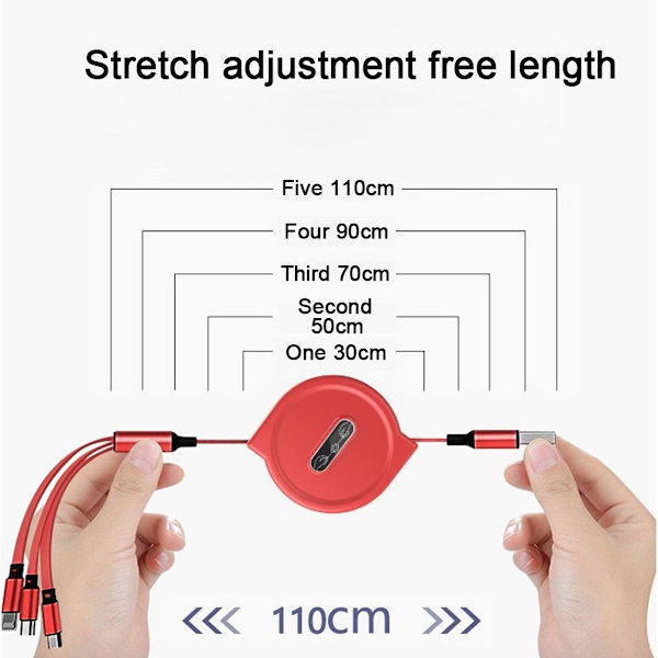 3 i 1 Teleskopisk ladekabel for Apple Android Rød