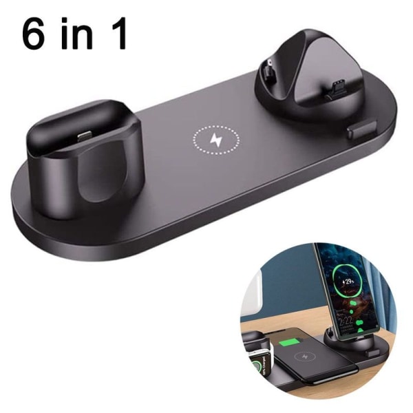 Trådløs oplader, 6 i 1 induktiv opladningsstation med 10W sort