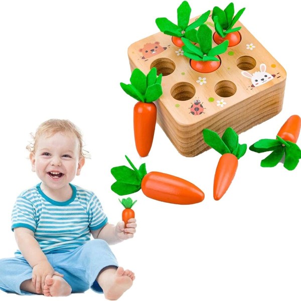 Trælegetøj Montessori, gulerodslegetøj, sortering af vildttræ til KLB