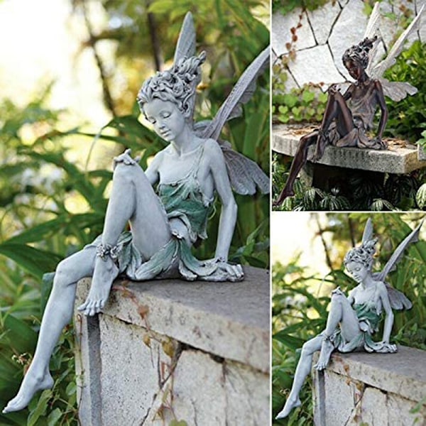 1 stk frittstående sittende fe-statue blomst
