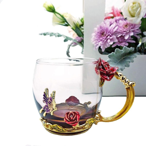 Tekopp i glas, kaffekopp med kristallklar blomma, handgjord emalj KLB