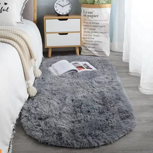 Grå lodden teppe for soverom, fluffy, oval, barnerom