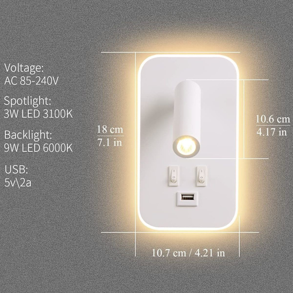LED væglampe, sengelampe med afbryder, USB-opladningsport, dæmpbar sti