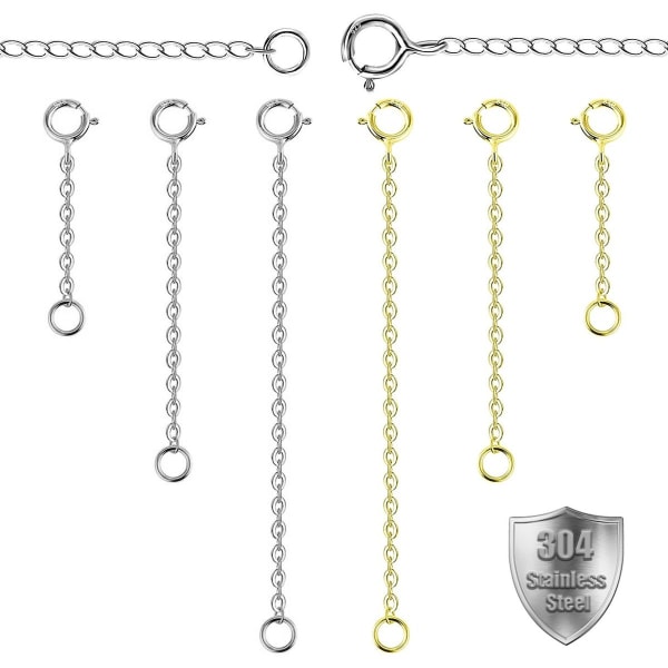 6 stk Halskjede Extender Chain 2/3/4 tommers rustfritt stål smykkeforlenger KLB