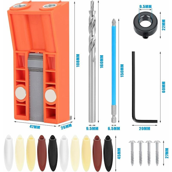 Pocket Hole Jig Set, 15° Snedställningsborr Jig, Snedställningspositioneringsverktyg för träbearbetning Vinkelborrguide KLB