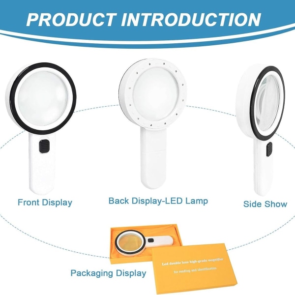 Forstørrelsesglas med 12 LED-lys, 30x dobbelt glaslinse håndholdt belyst KLB