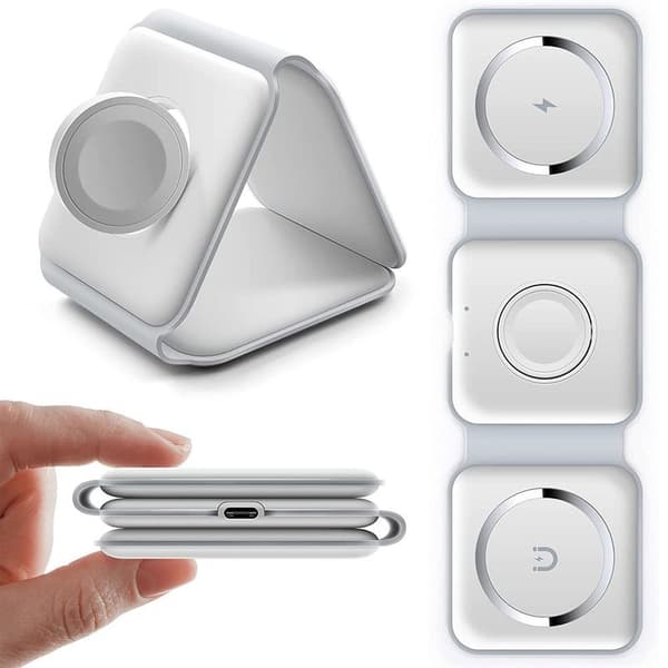 Trådløs ladepute for iPhone, sammenleggbar, kompakt 3 i 1, hvit