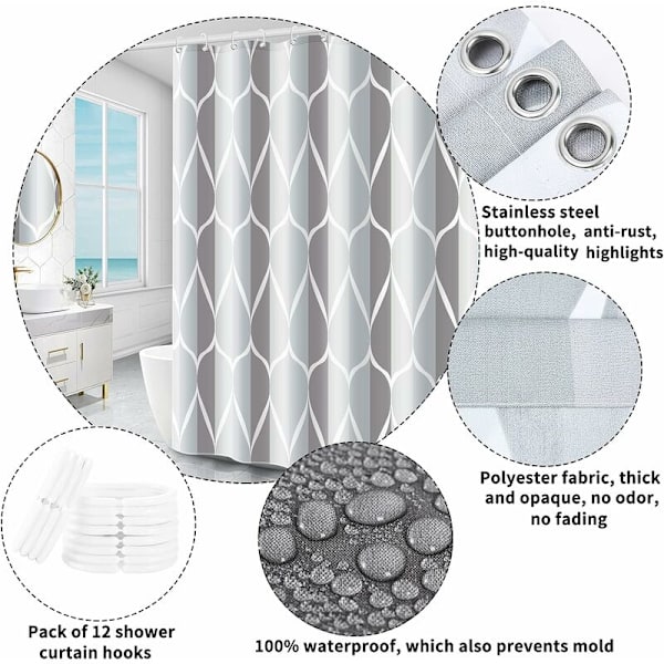 Bruseforhæng, vaskbart, antibakterielt, skimmelbestandigt, vandtæt, polyester med 12 ringe (grå, B 240 x H 200 cm) KLB