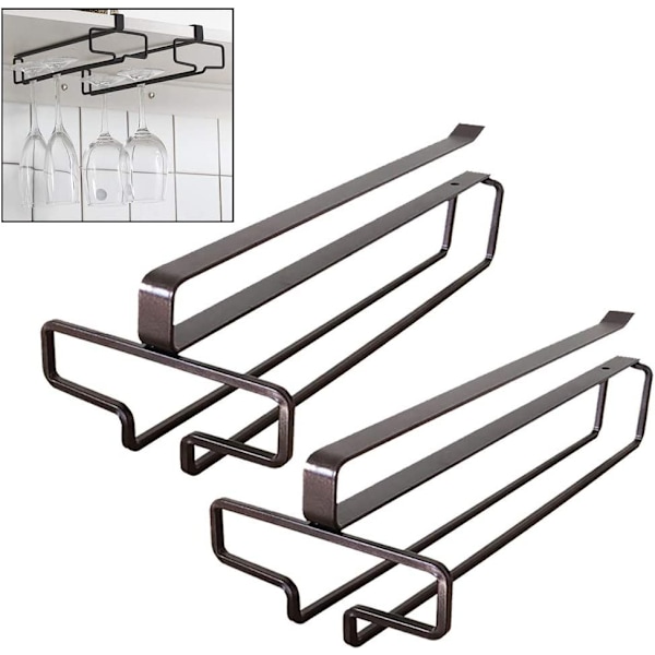 Hängande vinglashållare i metall för vinskåp under skåp Installation Rymmer upp till 4 glas (2-pack, brun