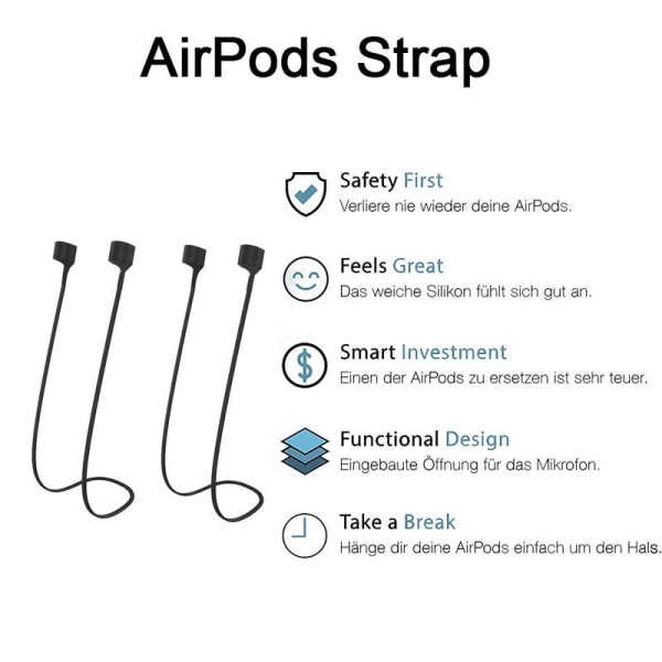 2 par med Airpods-stropper kompatible med AirPods, svart stropp