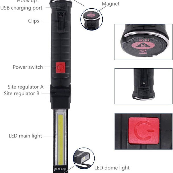 USB-laddningsbar ficklampa LED-arbetslampa Bärbar magnetisk COB-hängande krok KLB