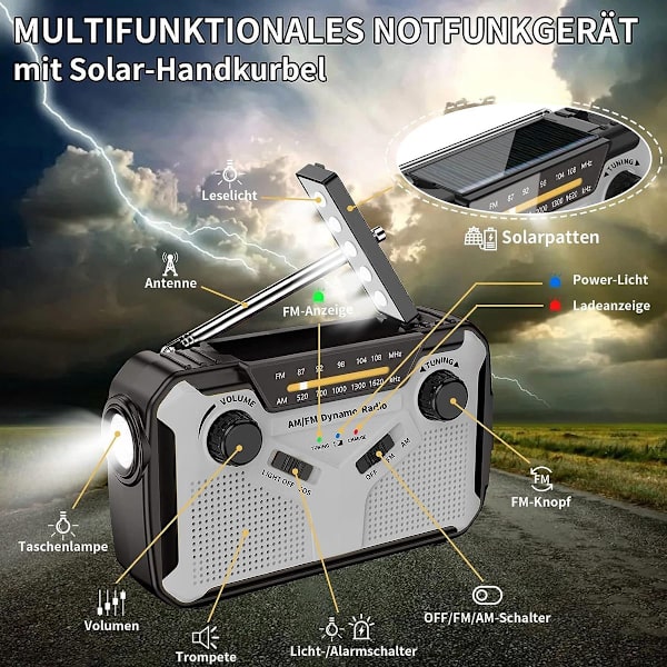 Solardriven radio, AM/FM bärbar vevradio, nödradio för camping KLB