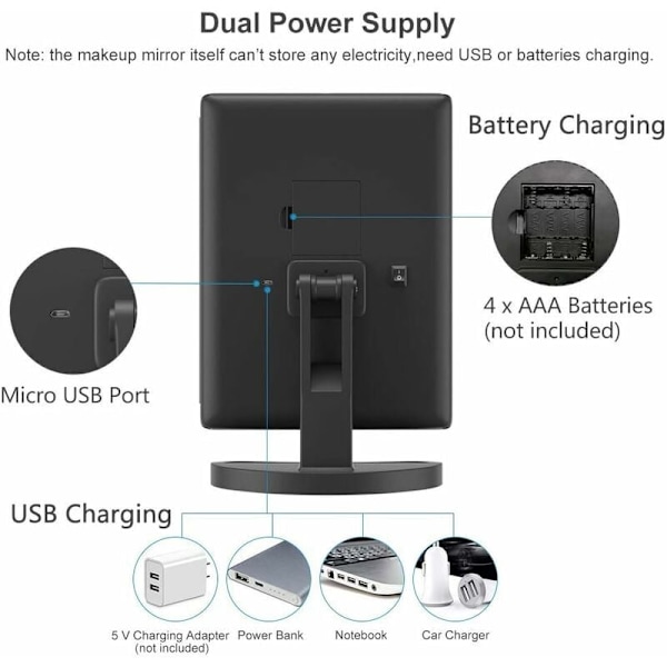 Sminkningsspegel med 22 LED-lampor, dubbla strömkällor 2X/3X LED-förstoringsspeglar (svart) KLB